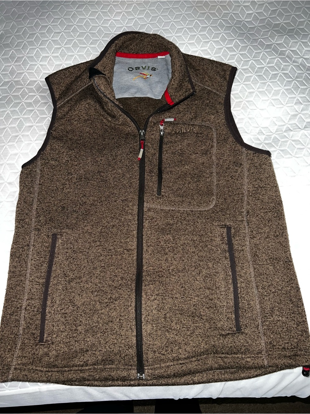 Orvis Brown Men's Zip-Up Knit Vest with Red Trim